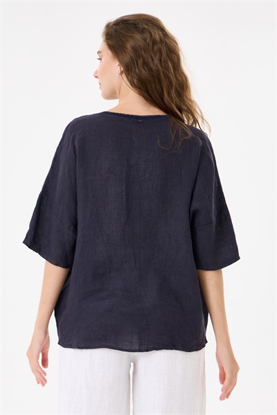 İtalyan %100 Keten Taşlı Oversize Keten Bluz 38 - 42 Beden