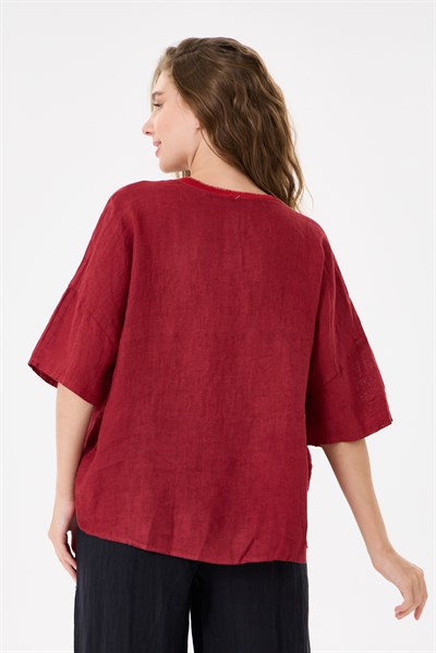 İtalyan %100 Keten Taşlı Oversize Keten Bluz 38 - 42 Beden