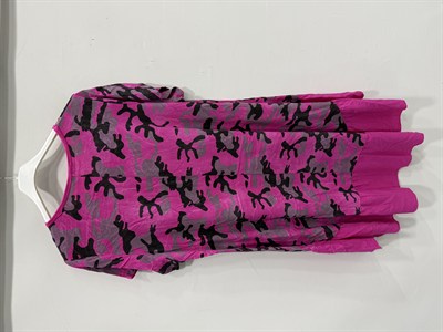 Fuxia İtalyan Kamuflaj Desen Kısa Kol Midi Boy Viskon Elbise 40 - 44 Beden