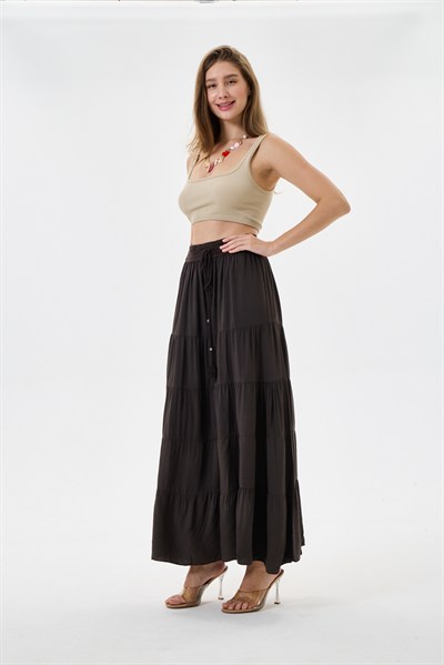 Dark Brown İtalyan Beli Lastikli Viskon Etek 38 - 42 Beden