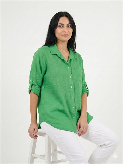 Kadın Yeşil İtalyan Oversize Uzun Keten Gömlek Tunik