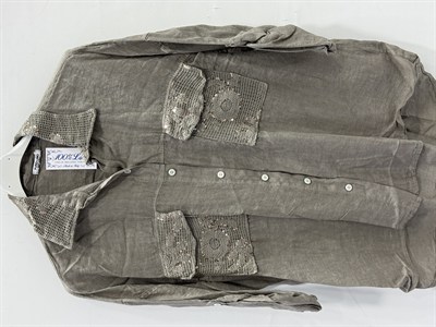 Fango Kadın İtalyan Yakası ve Cebi Pul İşlemeli Oversize Keten Gömlek 40 - 46 Beden