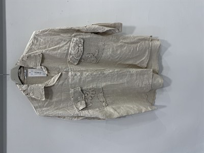 Beige Kadın İtalyan Yakası ve Cebi Pul İşlemeli Oversize Keten Gömlek 40 - 46 Beden