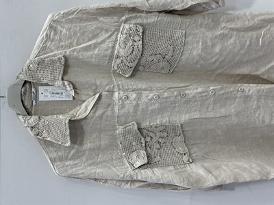 Beige Kadın İtalyan Yakası ve Cebi Pul İşlemeli Oversize Keten Gömlek 40 - 46 Beden