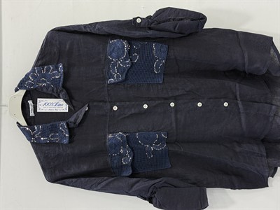 NAVY Kadın İtalyan Yakası ve Cebi Pul İşlemeli Oversize Keten Gömlek 40 - 46 Beden
