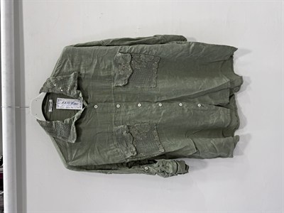 Khaki Kadın İtalyan Yakası ve Cebi Pul İşlemeli Oversize Keten Gömlek 40 - 46 Beden