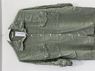 Khaki Kadın İtalyan Yakası ve Cebi Pul İşlemeli Oversize Keten Gömlek 40 - 46 Beden