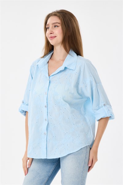 Kadın İtalyan Çiçek Nakışlı Fistolu Katlanır Uzun Kollu Oversize Poplin Gömlek 40 - 44 Beden