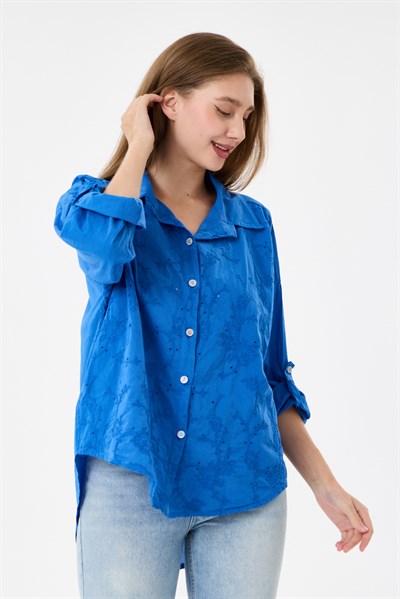 Kadın İtalyan Çiçek Nakışlı Fistolu Katlanır Uzun Kollu Oversize Poplin Gömlek 40 - 44 Beden