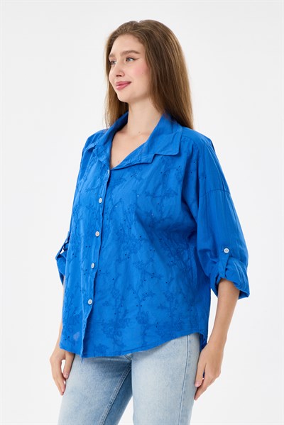 Kadın İtalyan Çiçek Nakışlı Fistolu Katlanır Uzun Kollu Oversize Poplin Gömlek 40 - 44 Beden