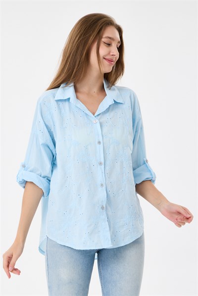 Kadın İtalyan Çiçek Nakışlı Fistolu Katlanır Uzun Kollu Oversize Poplin Gömlek 40 - 44 Beden