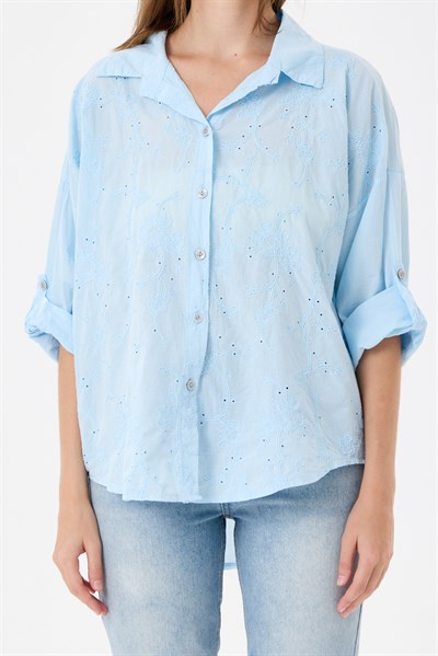 Kadın İtalyan Çiçek Nakışlı Fistolu Katlanır Uzun Kollu Oversize Poplin Gömlek 40 - 44 Beden