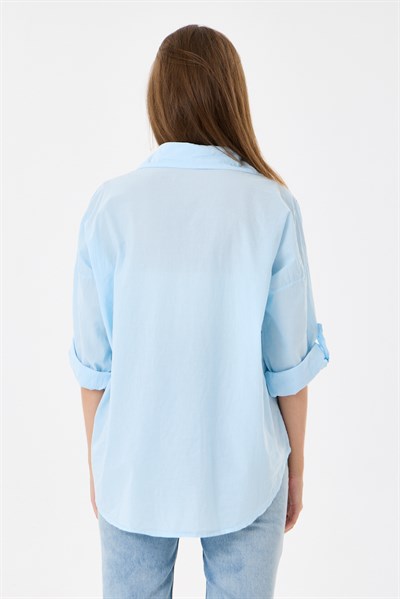 Kadın İtalyan Çiçek Nakışlı Fistolu Katlanır Uzun Kollu Oversize Poplin Gömlek 40 - 44 Beden