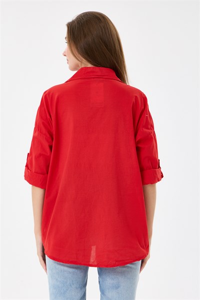 Kadın İtalyan Çiçek Nakışlı Fistolu Katlanır Uzun Kollu Oversize Poplin Gömlek 40 - 44 Beden