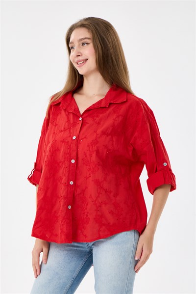 Kadın İtalyan Çiçek Nakışlı Fistolu Katlanır Uzun Kollu Oversize Poplin Gömlek 40 - 44 Beden