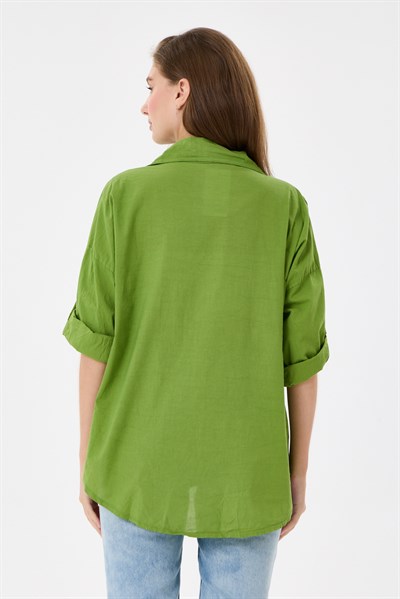 Kadın İtalyan Çiçek Nakışlı Fistolu Katlanır Uzun Kollu Oversize Poplin Gömlek 40 - 44 Beden