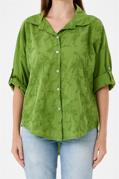 Kadın İtalyan Çiçek Nakışlı Fistolu Katlanır Uzun Kollu Oversize Poplin Gömlek 40 - 44 Beden