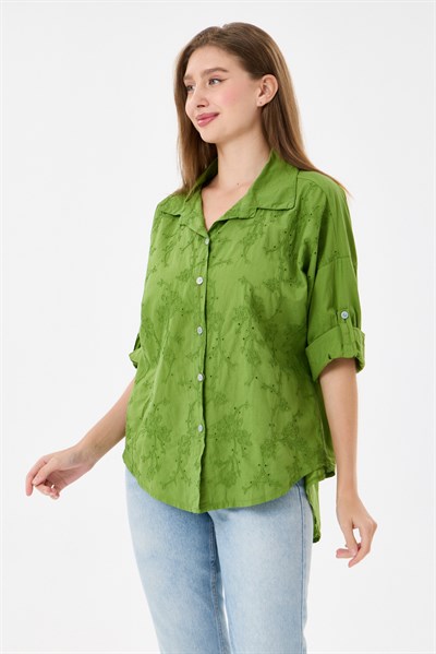 Kadın İtalyan Çiçek Nakışlı Fistolu Katlanır Uzun Kollu Oversize Poplin Gömlek 40 - 44 Beden