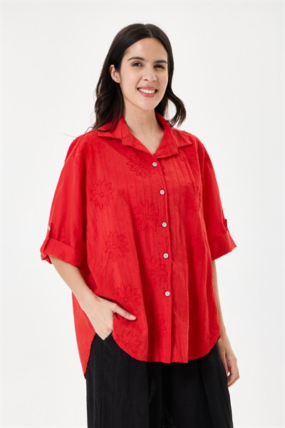 Kadın İtalyan Çiçek Nakışlı Fistolu Oversize Poplin Gömlek 40 - 46 Beden