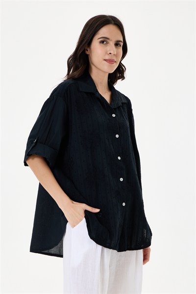 Kadın İtalyan Çiçek Nakışlı Fistolu Oversize Poplin Gömlek 40 - 46 Beden