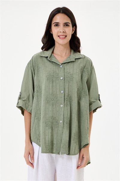 Kadın İtalyan Çiçek Nakışlı Fistolu Oversize Poplin Gömlek 40 - 46 Beden