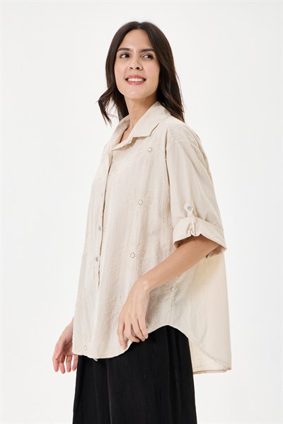 Kadın İtalyan Çiçek Nakışlı Fistolu Oversize Poplin Gömlek 40 - 46 Beden