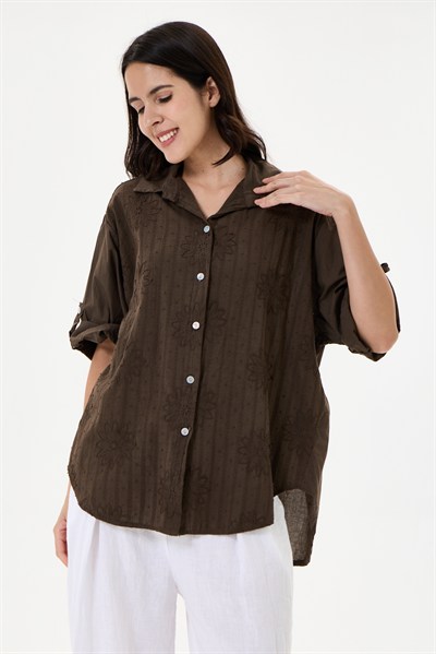 Kadın İtalyan Çiçek Nakışlı Fistolu Oversize Poplin Gömlek 40 - 46 Beden