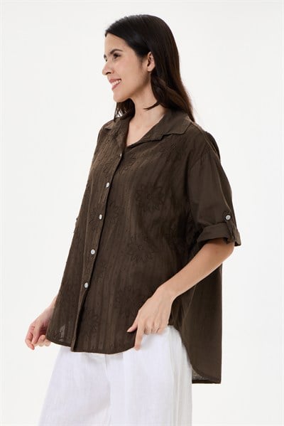 Kadın İtalyan Çiçek Nakışlı Fistolu Oversize Poplin Gömlek 40 - 46 Beden