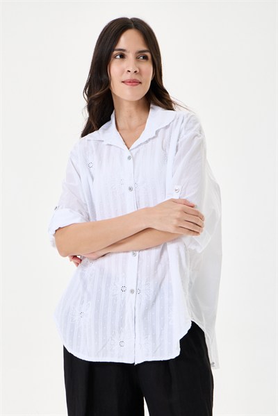 Kadın İtalyan Çiçek Nakışlı Fistolu Oversize Poplin Gömlek 40 - 46 Beden