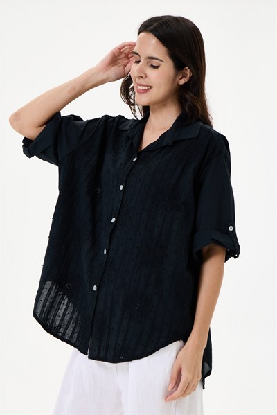 Kadın İtalyan Çiçek Nakışlı Fistolu Oversize Poplin Gömlek 40 - 46 Beden