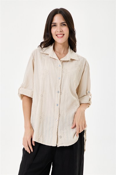 Kadın İtalyan Çiçek Nakışlı Fistolu Oversize Poplin Gömlek 40 - 46 Beden
