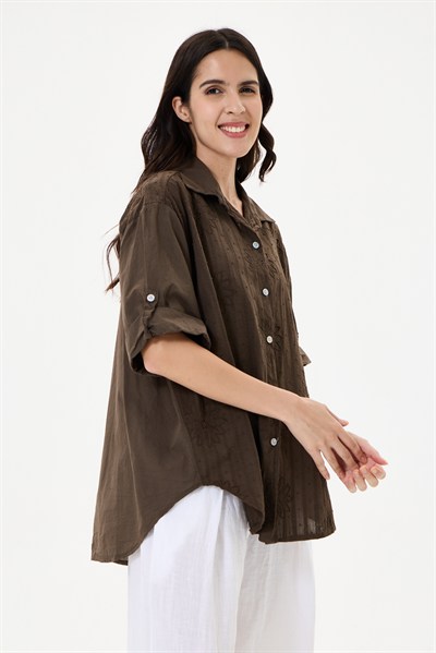 Kadın İtalyan Çiçek Nakışlı Fistolu Oversize Poplin Gömlek 40 - 46 Beden
