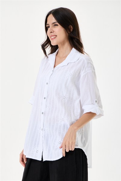 Kadın İtalyan Çiçek Nakışlı Fistolu Oversize Poplin Gömlek 40 - 46 Beden
