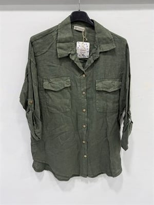 Kaky Kadın İtalyan Katlanır Uzun Kollu Oversize Uzun Keten Gömlek 40 - 44 Beden