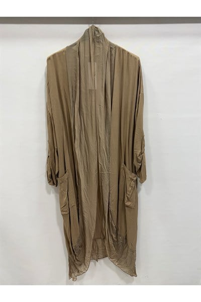 Camel Kadın İtalyan İpek Tüllü Katlanır Kollu Uzun Kaftan