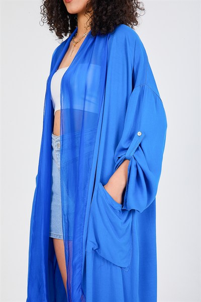 Saks Mavi Kadın İtalyan İpek Tüllü Katlanır Kollu Uzun Kaftan