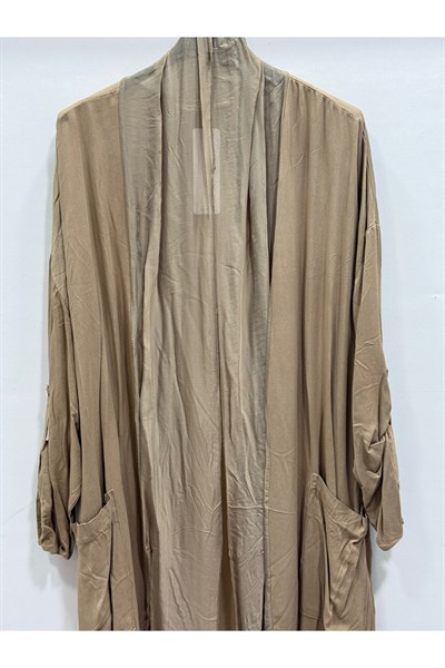 Camel Kadın İtalyan İpek Tüllü Katlanır Kollu Uzun Kaftan