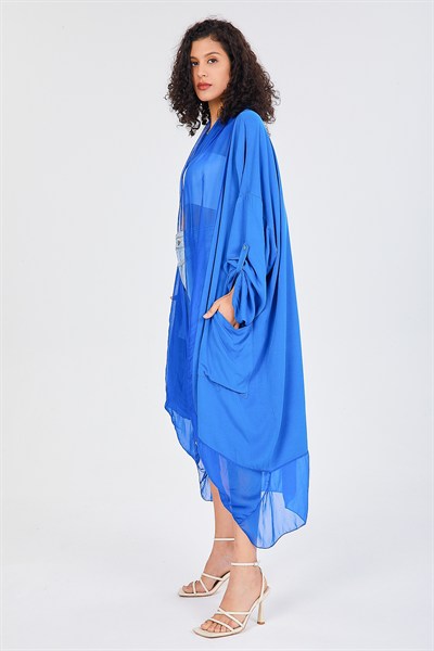 Saks Mavi Kadın İtalyan İpek Tüllü Katlanır Kollu Uzun Kaftan