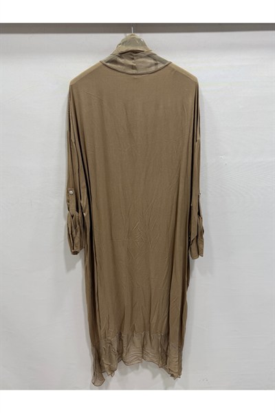 Camel Kadın İtalyan İpek Tüllü Katlanır Kollu Uzun Kaftan
