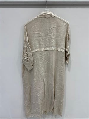 Beige Kadın İtalyan Pis Kesim Katlanır Kollu Cepli Oversize Uzun Keten Kaftan 40 - 48 Beden