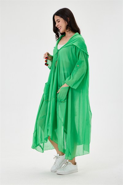 Yeşil Kadın Cadı Kapüşonlu Bohem Kaftan