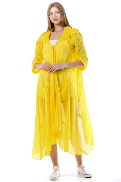 Sarı Kadın Cadı Kapüşonlu Bohem Kaftan