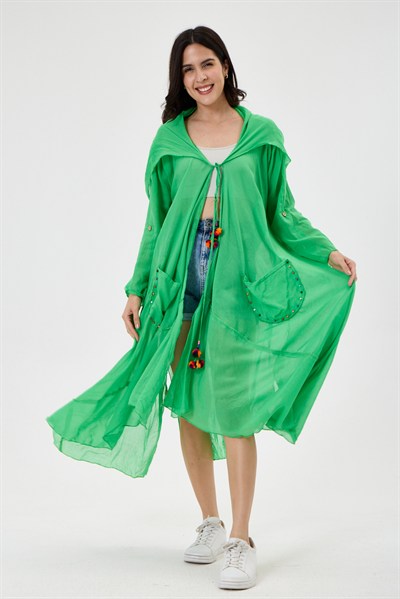 Yeşil Kadın Cadı Kapüşonlu Bohem Kaftan