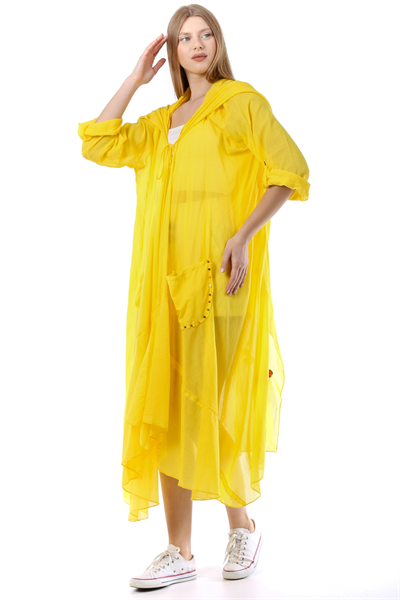 Sarı Kadın Cadı Kapüşonlu Bohem Kaftan