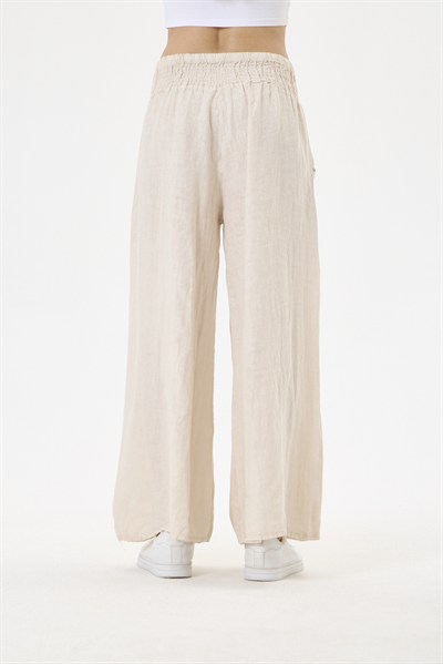 Bej Kadın İtalyan %100 Keten Beli Lastikli Bol Paça Palazzo Pantolon 38 - 42 Beden