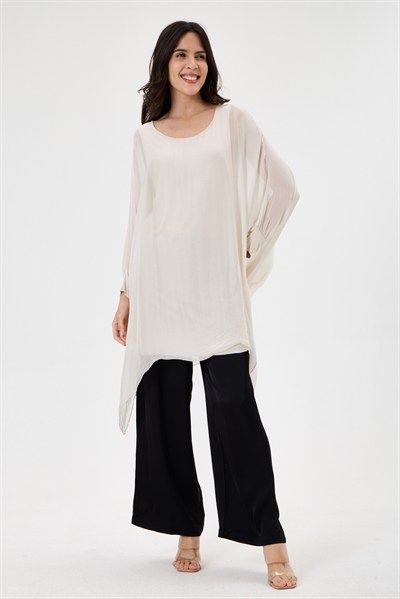 Beige İtalyan Yarasa Kol Astarlı Uzun İpek Tunik Bluz 40 - 46 Beden