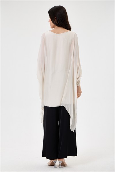 Beige İtalyan Yarasa Kol Astarlı Uzun İpek Tunik Bluz 40 - 46 Beden