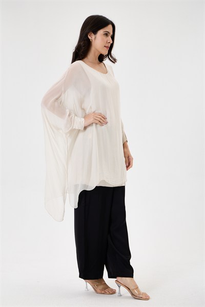 Beige İtalyan Yarasa Kol Astarlı Uzun İpek Tunik Bluz 40 - 46 Beden