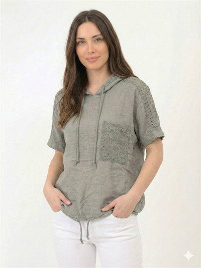 Vizon İtalyan Kolu ve Omzu Fistolu Kapüşonlu Etek Ucu Bağlamalı Oversize Keten Bluz