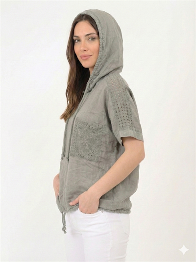 Vizon İtalyan Kolu ve Omzu Fistolu Kapüşonlu Etek Ucu Bağlamalı Oversize Keten Bluz